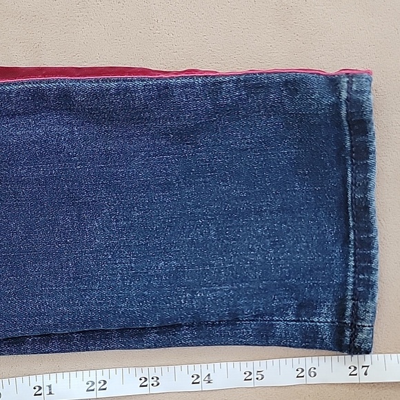 LOFT Dark Blue Skinny Jeans with Red Velvet Side Embellished Size 26/2 EUC - Picture 9 of 12